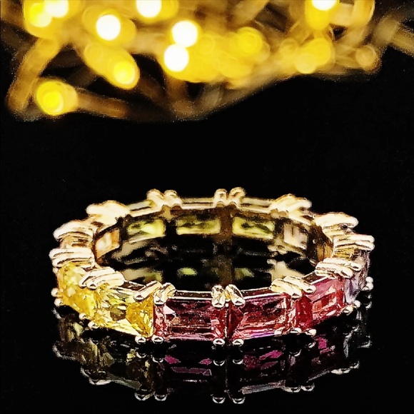 New Yellow Gold Plated Rainbow Color Ring - Picture 2 of 5